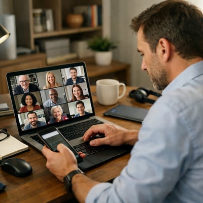 A realistic scene of a professional sitting in a home office during a virtual meeting on a laptop The meeting is visible on screen with multiple parti