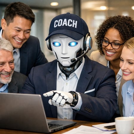 AI business bot wearing a coach baseball hat working with a group of diverse business people around a computer-1