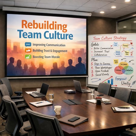 The image depicts a modern office environment with a large sleek conference table surrounded by ergonomic chairs A projector screen displays a vibrant-4